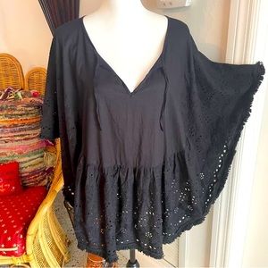 BCBGENERATION Black Cotton Top Cape Poncho TOP! Embroidered and fringe hem! M